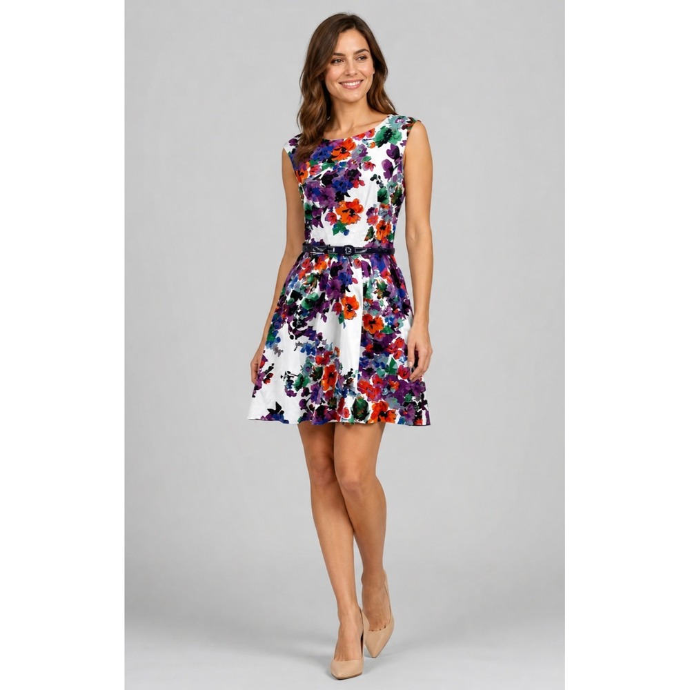 Nine & CO. Dress Womens 8 White Floral Print Cotton Pockets Belt Garden Party